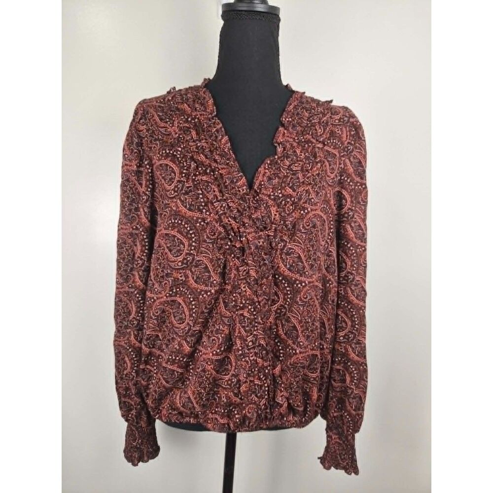 EVEREVE Adan Paisley Blouse M Ruffle Neck Smocked Cuff Boho Western Cottagecore
